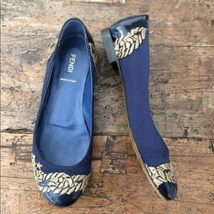 Fendi Nautical Ballet Flats Gold Navy Black Size 8